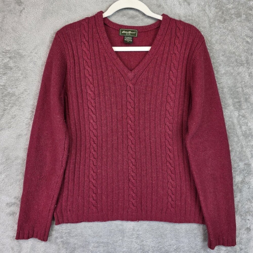 Eddie Bauer Sweater Womens Medium Red Angora V Neck Cable Knit Elbow Patch - Picture 1 of 14